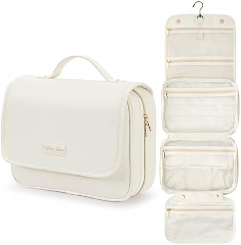 Hanging Travel Bag for Toiletries Quilted Plaid Waterproof Makeup Organizer Brown (M) Smart Large Compartments Toiletr