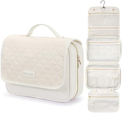 Hanging Travel Bag for Toiletries Quilted Plaid Waterproof Makeup Organizer Brown (M) Smart Large Compartments Toiletr