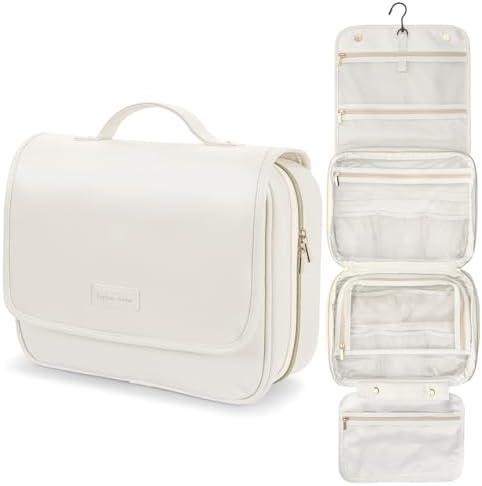 Hanging Travel Bag for Toiletries Quilted Plaid Waterproof Makeup Organizer Brown (M) Smart Large Compartments Toiletr