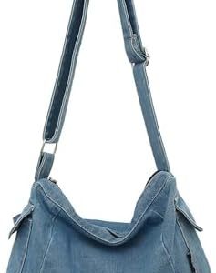 LIZHAOCAI Casual Retro Style Denim Tote Bag for Women Convenient Adjustable Shoulder Strap