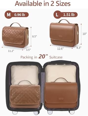 Hanging Travel Bag for Toiletries Quilted Plaid Waterproof Makeup Organizer Brown (M) Smart Large Compartments Toiletr