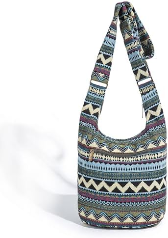 Coton Pose Women's Hippie Crossbody Bag - Top Zip Large Capacity Canvas Sling Bag - Handmade Jacquard Cloth