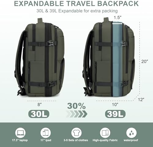 Carry On Travel Backpack 35L-40L Expandable Extra Large Light Daypack for Men and Women (Blue) Travel Backpack 35L-40L