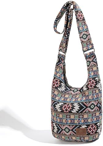 Coton Pose Women's Hippie Crossbody Bag - Top Zip Large Capacity Canvas Sling Bag - Handmade Jacquard Cloth