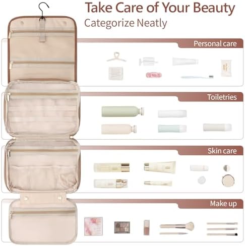 Hanging Travel Bag for Toiletries Quilted Plaid Waterproof Makeup Organizer Brown (M) Smart Large Compartments Toiletr