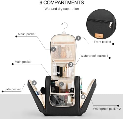 Water-resistant Travel Hanging Toiletry Bag for Women and Men, 6 Organizer Compartments, Holds Full Size Bottles, Black