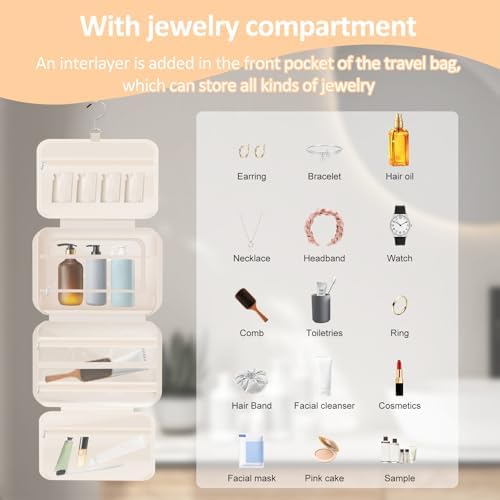 Toiletry Bag Compartmental Organizer Travel BagPortable Foldable with Anti-slip Metal Hook(Beige) Toiletry Bag Compart