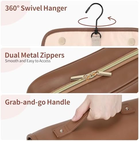 Hanging Travel Bag for Toiletries Quilted Plaid Waterproof Makeup Organizer Brown (M) Smart Large Compartments Toiletr