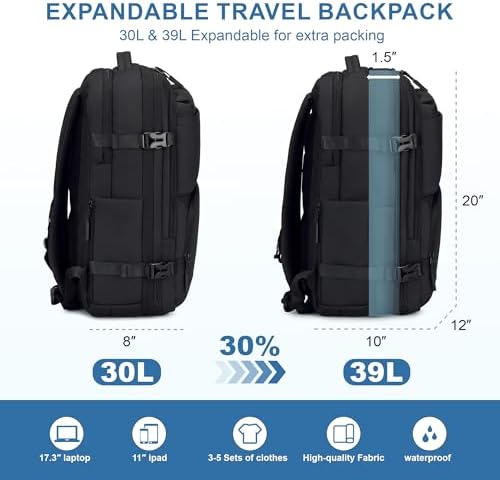 Carry On Travel Backpack 35L-40L Expandable Extra Large Light Daypack for Men and Women (Blue) Travel Backpack 35L-40L