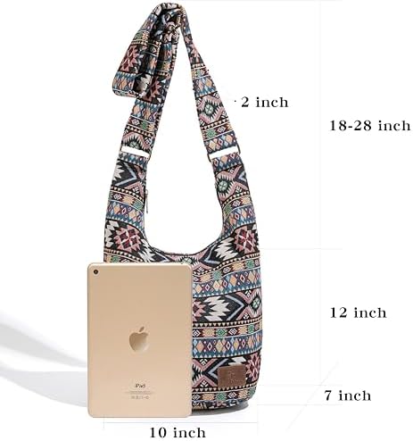 Coton Pose Women's Hippie Crossbody Bag - Top Zip Large Capacity Canvas Sling Bag - Handmade Jacquard Cloth