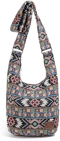 Coton Pose Women's Hippie Crossbody Bag - Top Zip Large Capacity Canvas Sling Bag - Handmade Jacquard Cloth