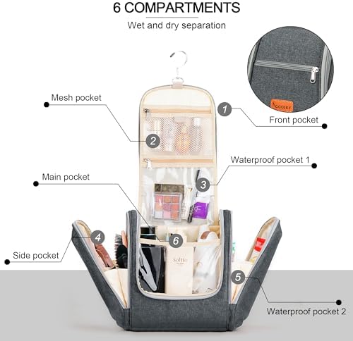 Water-resistant Travel Hanging Toiletry Bag for Women and Men, 6 Organizer Compartments, Holds Full Size Bottles, Black