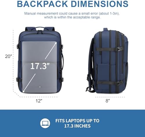 Carry On Travel Backpack 35L-40L Expandable Extra Large Light Daypack for Men and Women (Blue) Travel Backpack 35L-40L