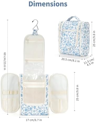 Narwey Large Blue Leaf Hanging Toiletry Bag for Women Travel and Men Cosmetics Organizers