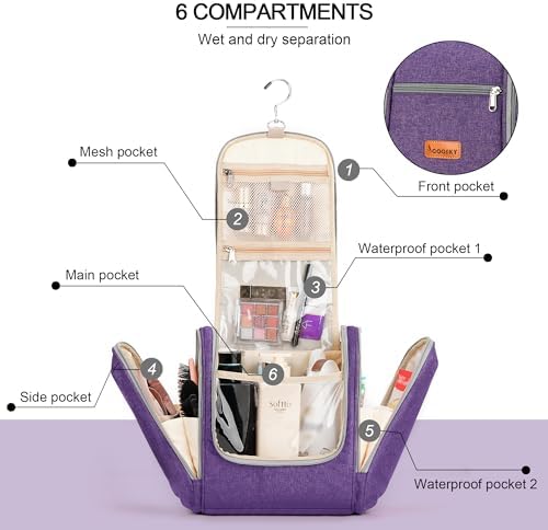 Water-resistant Travel Hanging Toiletry Bag for Women and Men, 6 Organizer Compartments, Holds Full Size Bottles, Black