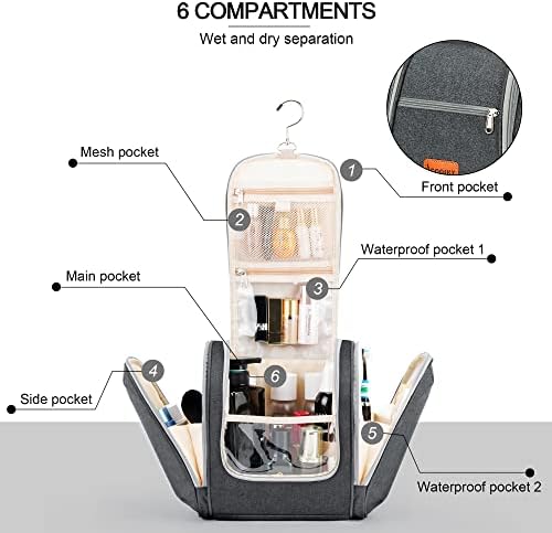 Water-resistant Travel Hanging Toiletry Bag for Women and Men, 6 Organizer Compartments, Holds Full Size Bottles, Black
