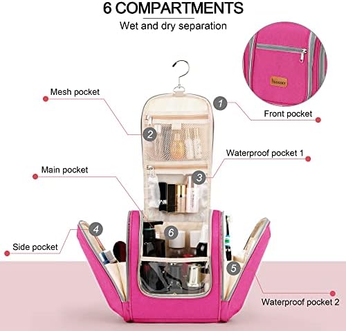 Water-resistant Travel Hanging Toiletry Bag for Women and Men, 6 Organizer Compartments, Holds Full Size Bottles, Black