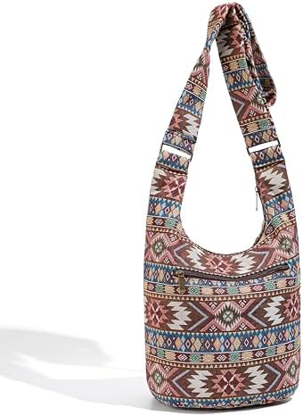 Coton Pose Women's Hippie Crossbody Bag - Top Zip Large Capacity Canvas Sling Bag - Handmade Jacquard Cloth