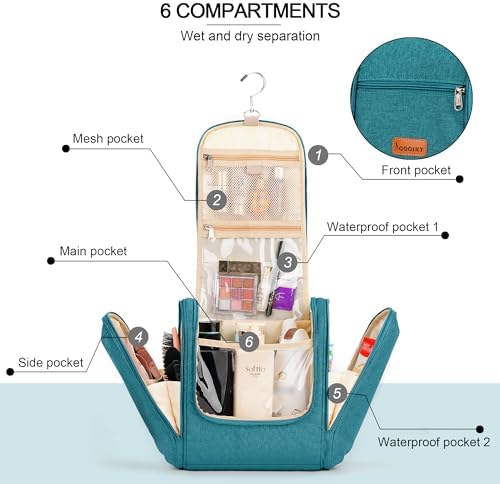 Water-resistant Travel Hanging Toiletry Bag for Women and Men, 6 Organizer Compartments, Holds Full Size Bottles, Black