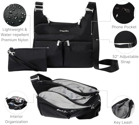Baggallini Cross Over Crossbody Women Lightweight Water-Resistant Nylon Organized Travel Bag Purse