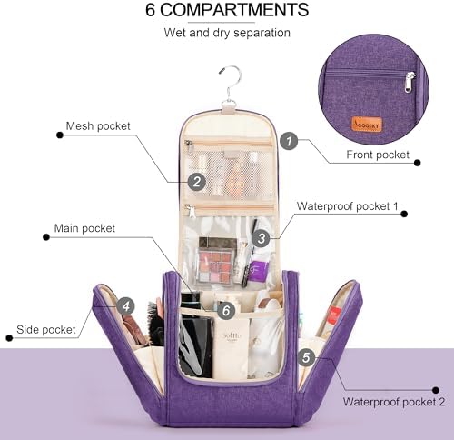Water-resistant Travel Hanging Toiletry Bag for Women and Men, 6 Organizer Compartments, Holds Full Size Bottles, Black