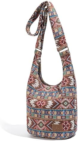 Coton Pose Women's Hippie Crossbody Bag - Top Zip Large Capacity Canvas Sling Bag - Handmade Jacquard Cloth