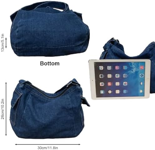 LIZHAOCAI Casual Retro Style Denim Tote Bag for Women Convenient Adjustable Shoulder Strap