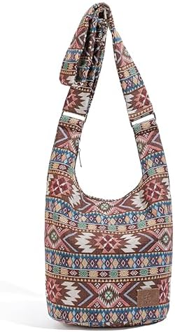 Coton Pose Women's Hippie Crossbody Bag - Top Zip Large Capacity Canvas Sling Bag - Handmade Jacquard Cloth