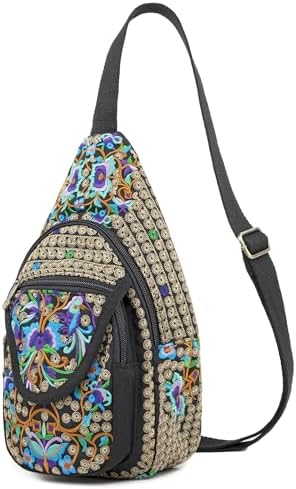 SILKAREA Embroidered Boho Small Sling Bag for Women Travel (Blue) SILKAREA Embroidered Boho Small Sling Bag for Women Ch