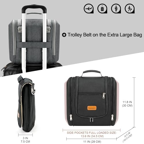 Water-resistant Travel Hanging Toiletry Bag for Women and Men, 6 Organizer Compartments, Holds Full Size Bottles, Black