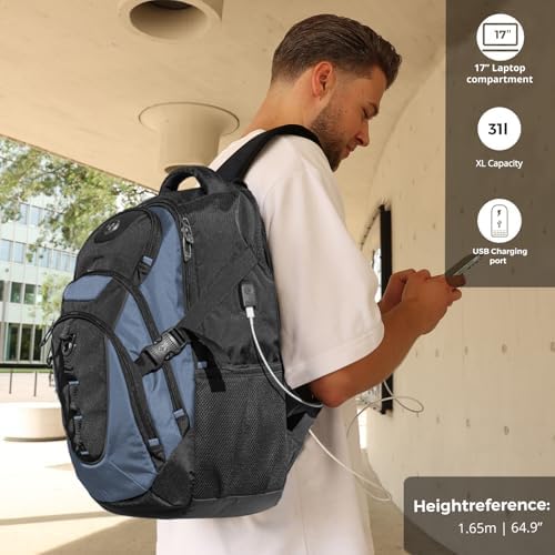 Swissdigital Design Laptop Backpack with USB Charging Port | Men's 15.6 Inches Fit 31L Travel Backpack | Blue/Black | SD