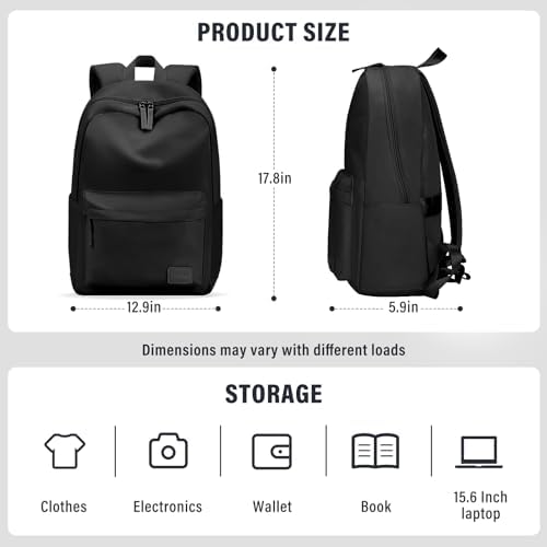 HOMIEE Lightweight Casual Laptop Backpack Black Fits 15.6 Inch Computer Unisex College Work Travel Water-Resistant Cute