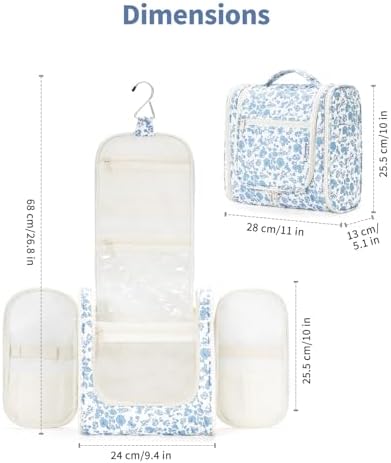Narwey Large Blue Leaf Hanging Toiletry Bag for Women Travel and Men Cosmetics Organizers