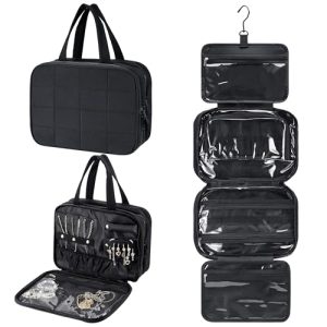 Starvortex Trousse de Toilette à Suspendre Noire, Grande Capacité Étanche et Pliable, Organisateur Bijoux avec Multiples