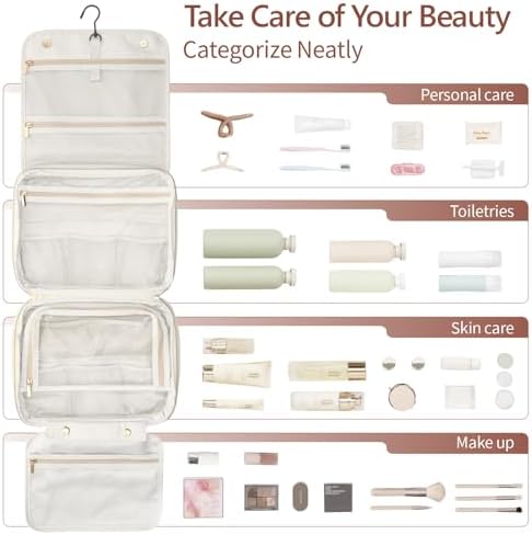 Hanging Travel Bag for Toiletries Quilted Plaid Waterproof Makeup Organizer Brown (M) Smart Large Compartments Toiletr