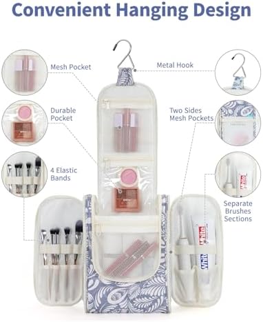 Narwey Large Blue Leaf Hanging Toiletry Bag for Women Travel and Men Cosmetics Organizers