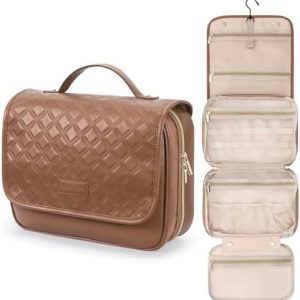Hanging Travel Bag for Toiletries Quilted Plaid Waterproof Makeup Organizer Brown (M) Smart Large Compartments Toiletr