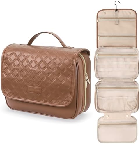 Hanging Travel Bag for Toiletries Quilted Plaid Waterproof Makeup Organizer Brown (M) Smart Large Compartments Toiletr