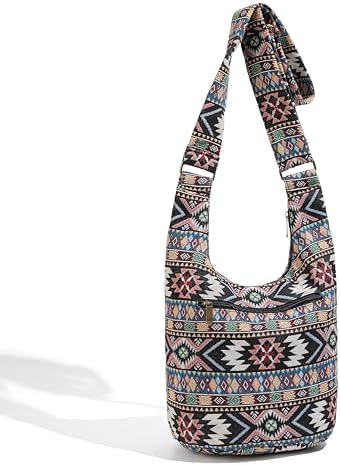 Coton Pose Women's Hippie Crossbody Bag - Top Zip Large Capacity Canvas Sling Bag - Handmade Jacquard Cloth