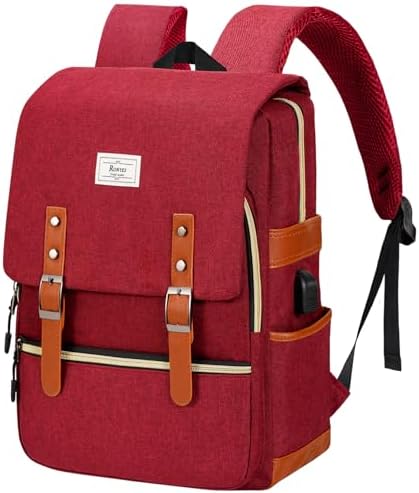 Ronyes Vintage Laptop Backpack for Women and Men, 15.6 inch Red Backpack with USB Charging Port for College and Work