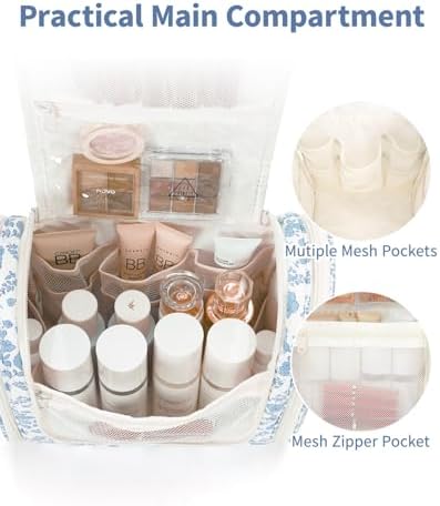 Narwey Large Blue Leaf Hanging Toiletry Bag for Women Travel and Men Cosmetics Organizers