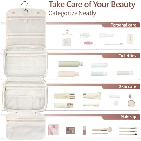 Hanging Travel Bag for Toiletries Quilted Plaid Waterproof Makeup Organizer Brown (M) Smart Large Compartments Toiletr