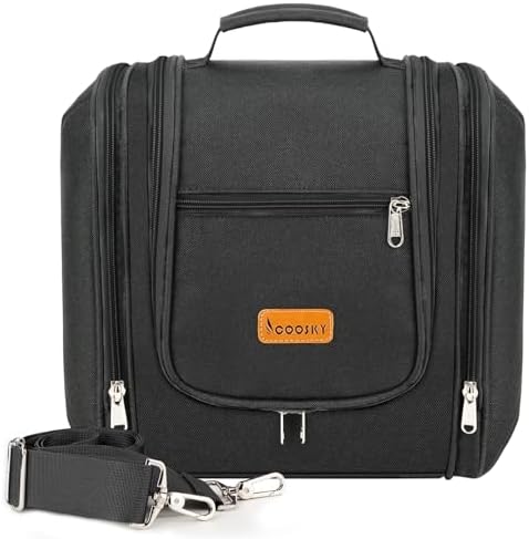 Water-resistant Travel Hanging Toiletry Bag for Women and Men, 6 Organizer Compartments, Holds Full Size Bottles, Black