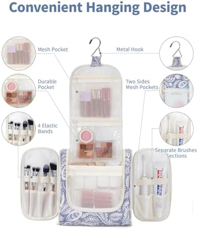 Narwey Large Blue Leaf Hanging Toiletry Bag for Women Travel and Men Cosmetics Organizers