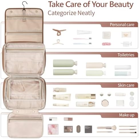 Hanging Travel Bag for Toiletries Quilted Plaid Waterproof Makeup Organizer Brown (M) Smart Large Compartments Toiletr