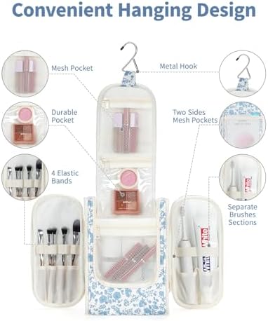 Narwey Large Blue Leaf Hanging Toiletry Bag for Women Travel and Men Cosmetics Organizers