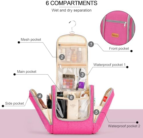 Water-resistant Travel Hanging Toiletry Bag for Women and Men, 6 Organizer Compartments, Holds Full Size Bottles, Black