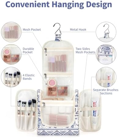 Narwey Large Blue Leaf Hanging Toiletry Bag for Women Travel and Men Cosmetics Organizers