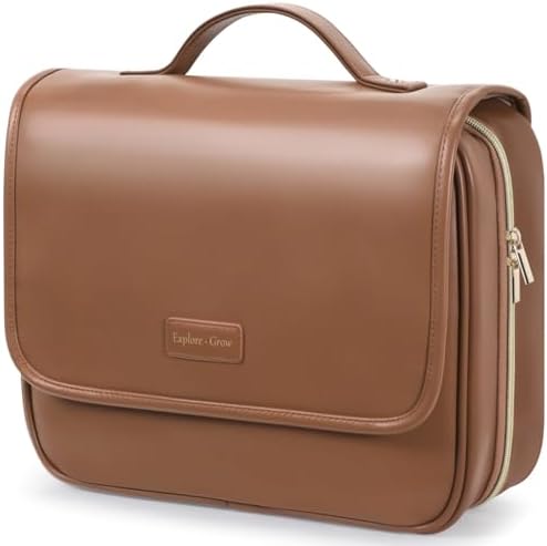 Hanging Travel Bag for Toiletries Quilted Plaid Waterproof Makeup Organizer Brown (M) Smart Large Compartments Toiletr