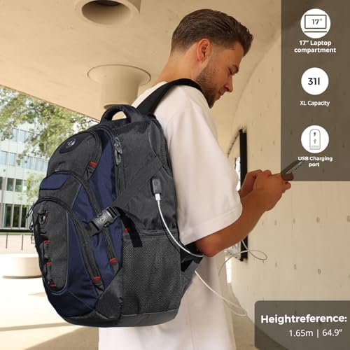Swissdigital Design Laptop Backpack with USB Charging Port | Men's 15.6 Inches Fit 31L Travel Backpack | Blue/Black | SD